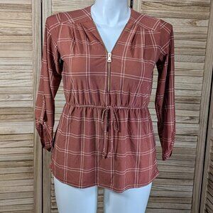 Coco And Shay Blouse Rust/White Plaid Gold Zip-Up Gathered Waist Size Medium